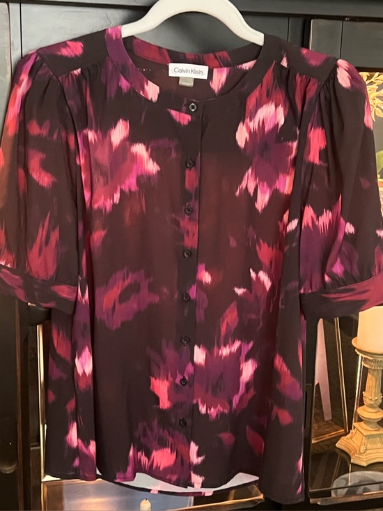 Calvin Klein Tops - Calvin Klein Black Blouse with Pink & Plum Brushstroke Floral Print